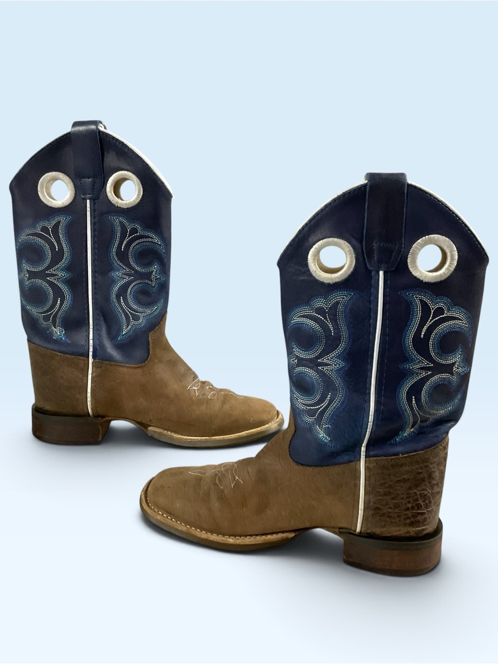 Old West Navy/Brown Kids Western Pull-On Square Toe Boots Size 3.5D